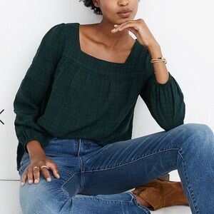 |Madewell| Square Neck Peasant Top Green Size L